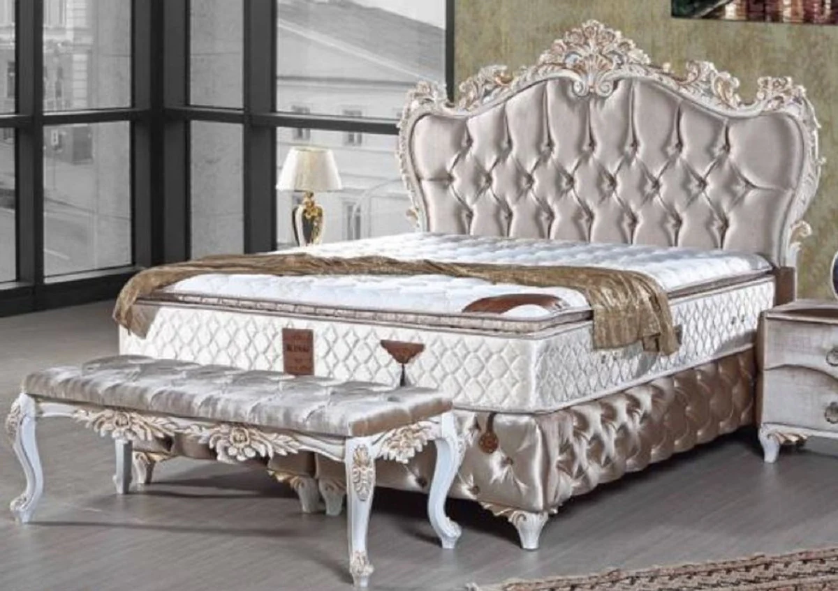 Baroque Bedside Table with 2 Drawers Silver / White / Gold - Handmade Baroque Style Nightstand - Baroque Bedroom Furniture