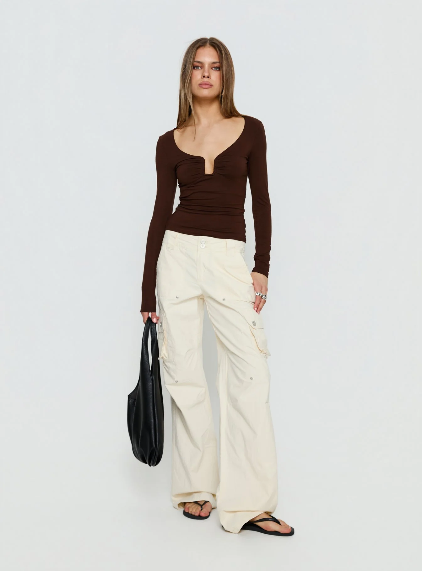 Serelle Long Sleeve Bust Detail Top Chocolate