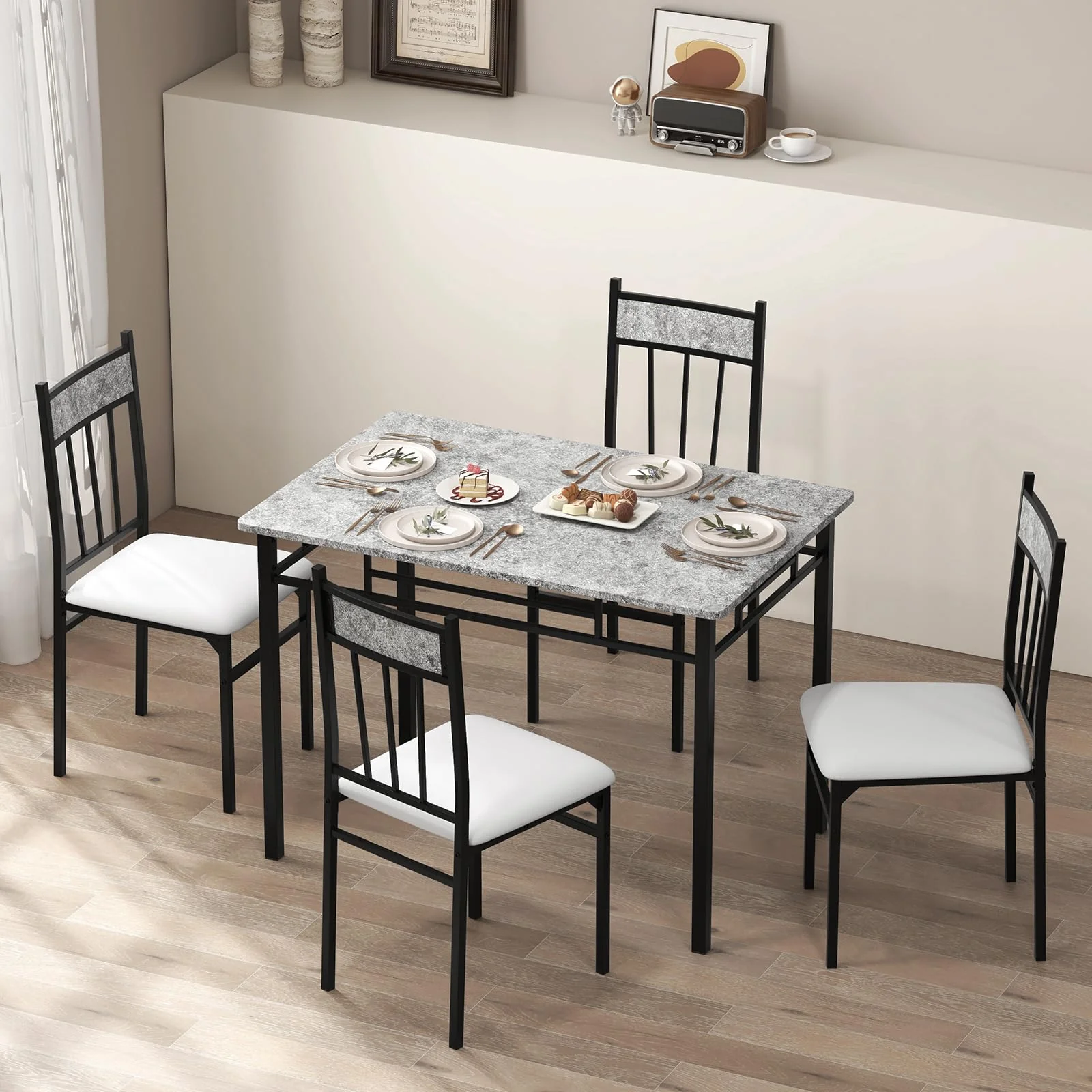 BEFOUNDLOVELY 5 Piece Dining Table Set, Modern Rectangular Dining Table & Upholstered Chair Set w/Marble Tabletop