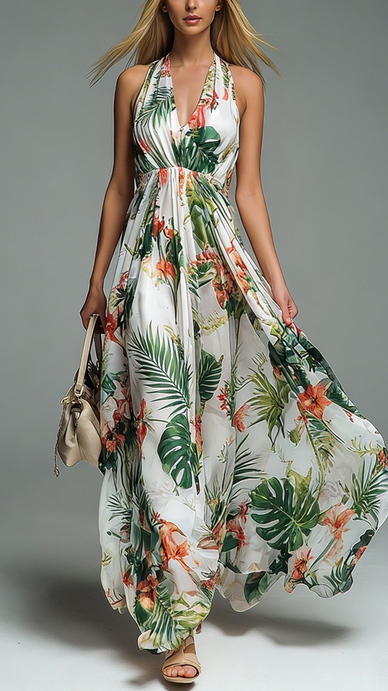 Women's V-neck halter neck printed casual dress - Nordfashionstorm - Women's Clothing, Fashion for You - Nordfashionstorm.com