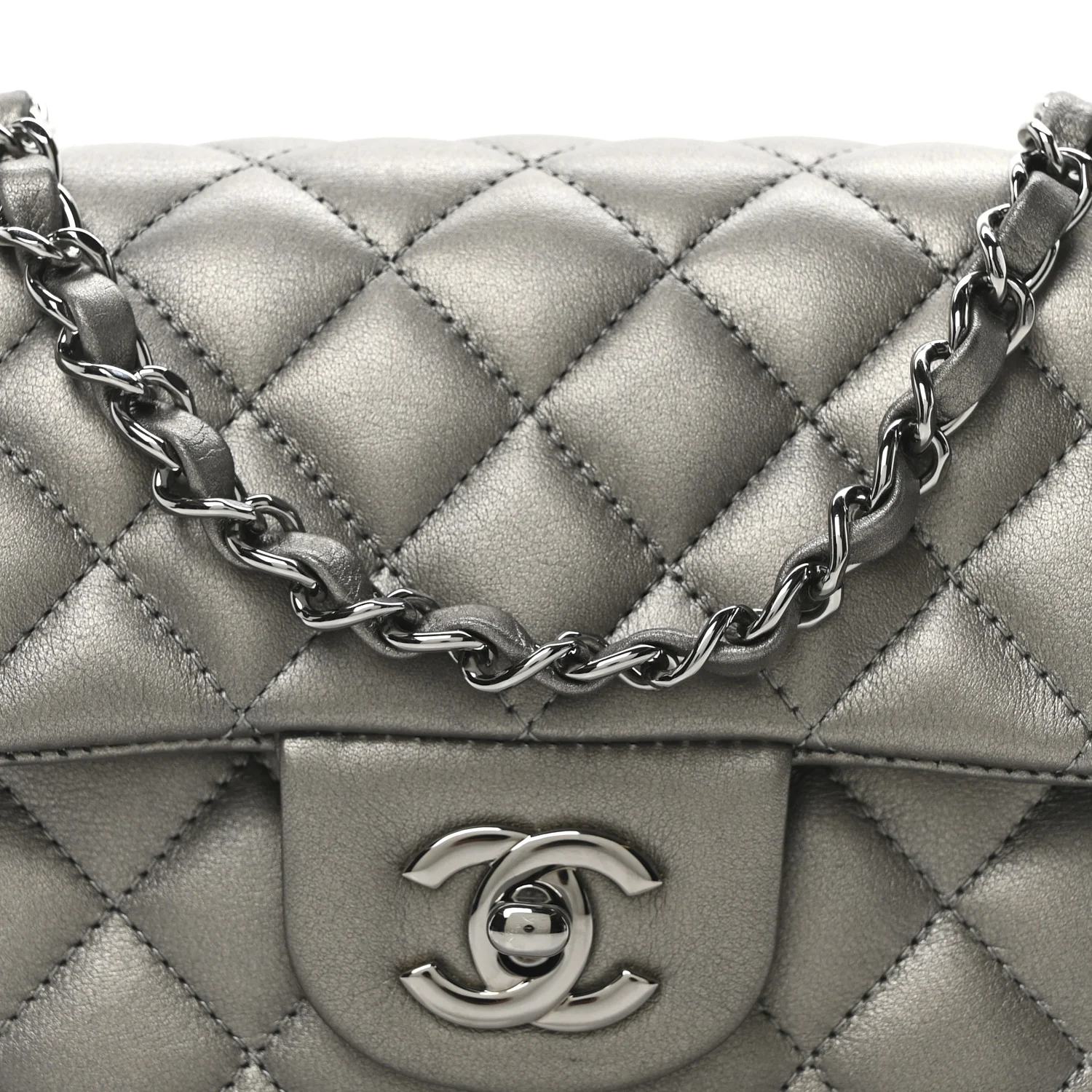 Metallic Lambskin Quilted Mini Rectangular Flap  Dark Grey - Top Club