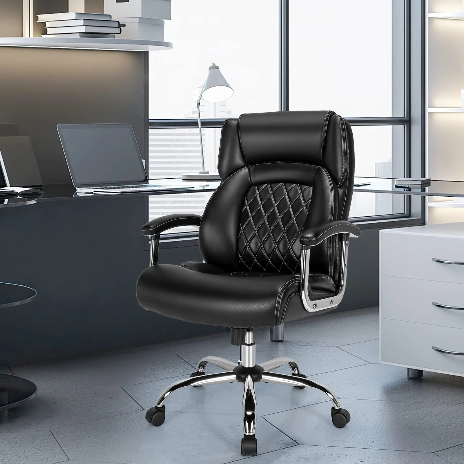 BEFOUNDLOVELY 500LBS Big and Tall Office Chair, Wide Seat Large Leather Executive Chair w/Heavy Duty Metal Base