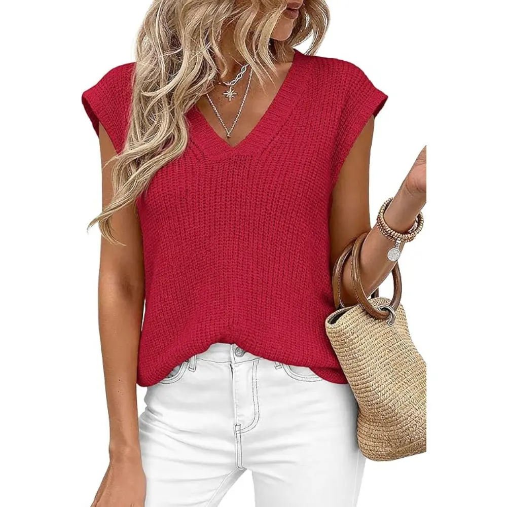 PrettyGarden Women's Lightweight Sweaters Vest Spring Trendy Cap Sleeve V Neck Knit Tank Tops Summer Going Out Outfits