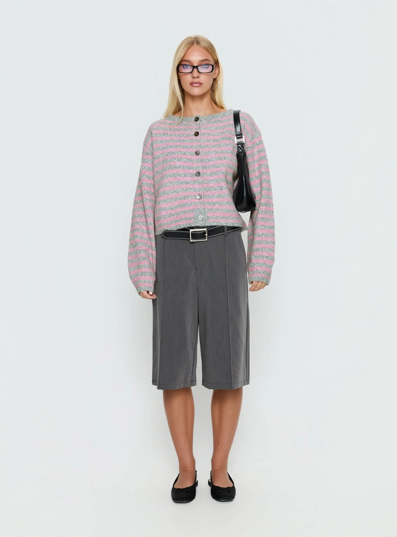Raynna Button Up Cardigan Pink / Grey Stripe