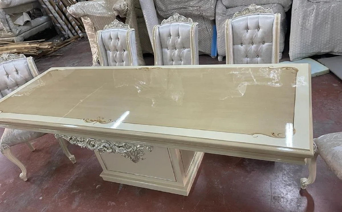 Luxury Baroque Dining Room Set Silver / Beige / White - 1 Baroque Dining Table & 6 Baroque Dining Chairs - Luxury Dining Room Furniture in Baroque Style - Magnificent Baroque Dining Room Furniture