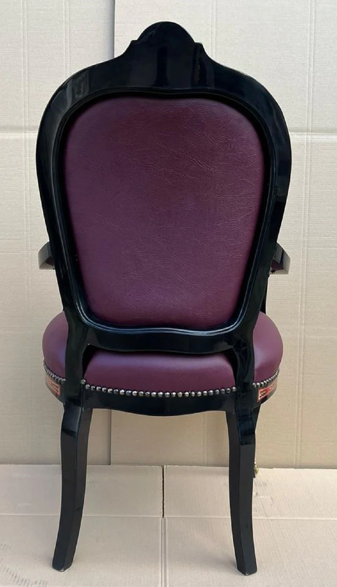 Baroque Boulle dining room chair with armrests purple / black / red / gold - magnificent desk chair with elegant faux leather - dining room furniture in baroque style - Baroque Boulle furniture