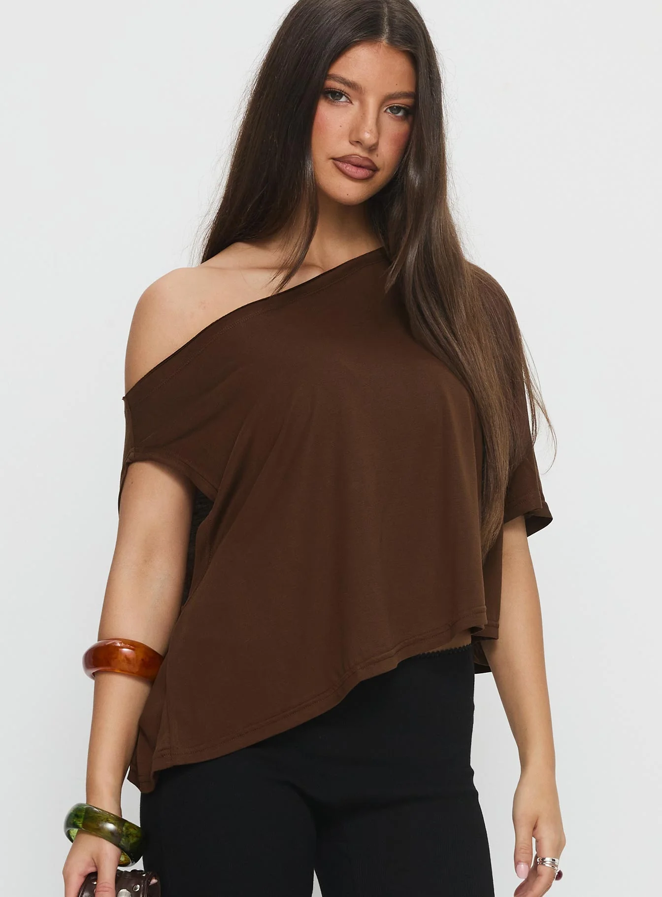 Passerby Asymmetrical Off Shoulder Top Brown