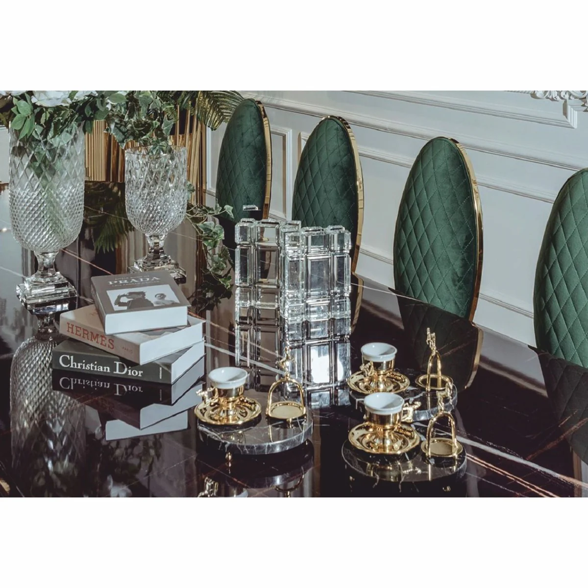 Luxury dining table with artificial marble table top black / gold 240 cm - dining room furniture