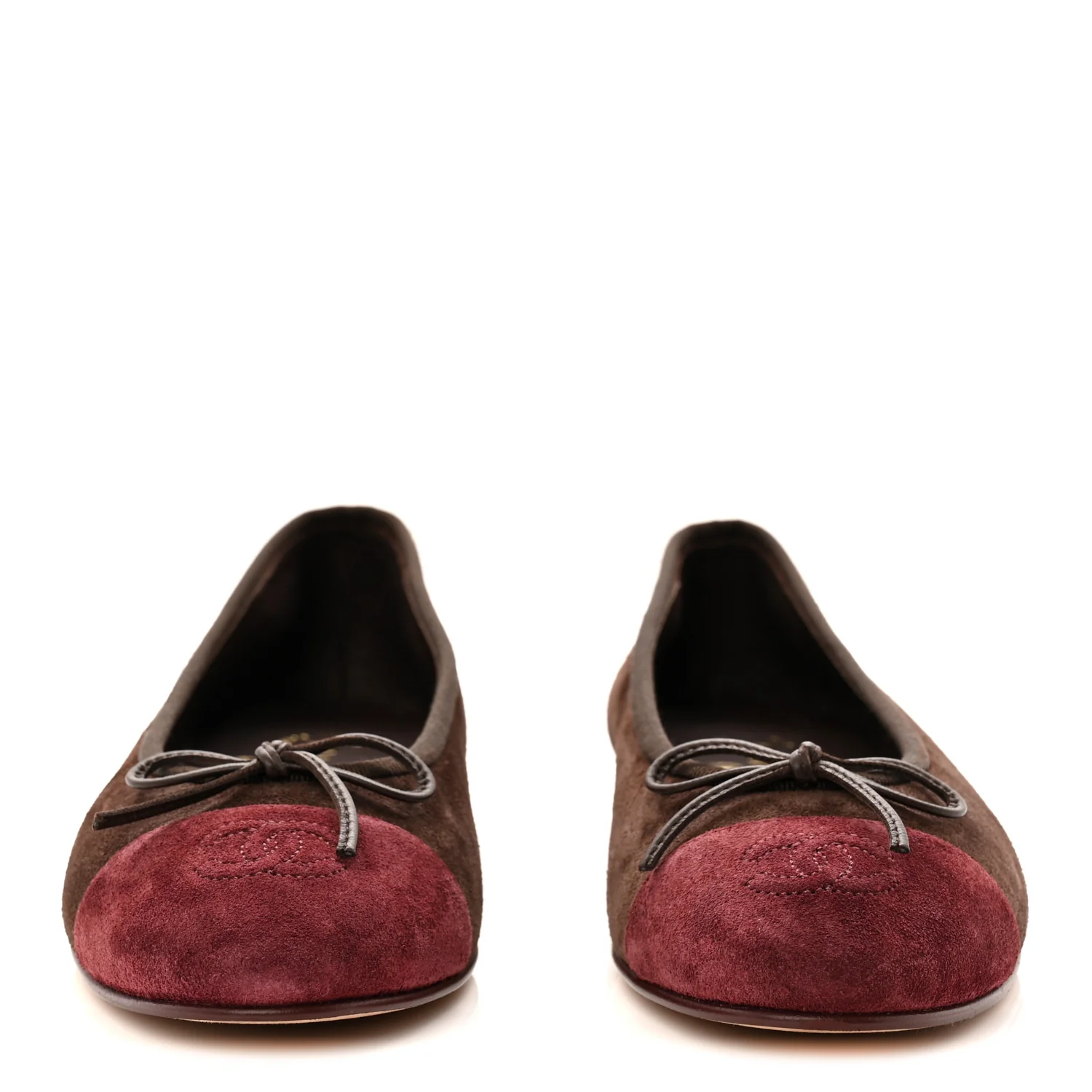 Suede Calfskin Cap Toe CC Ballerina Flats 37.5 Dark Brown Burgundy - Top Club