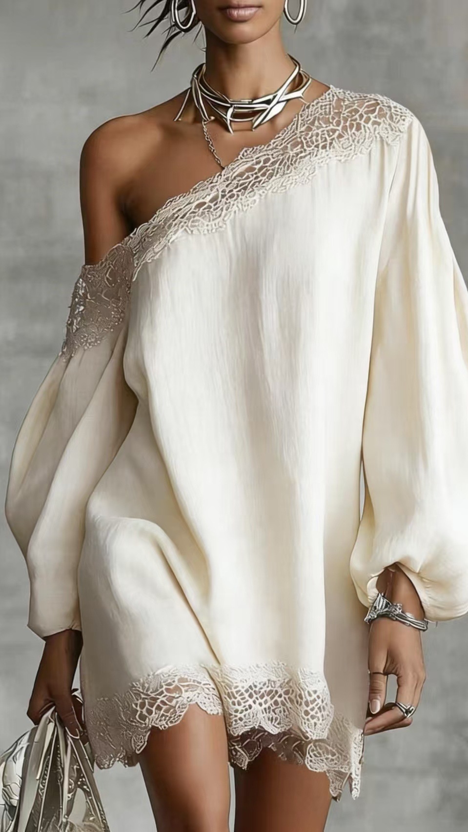 Women's solid color lace trim off-shoulder long-sleeved dress - Nordfashionstorm - Women's Clothing, Fashion for You - Nordfashionstorm.com