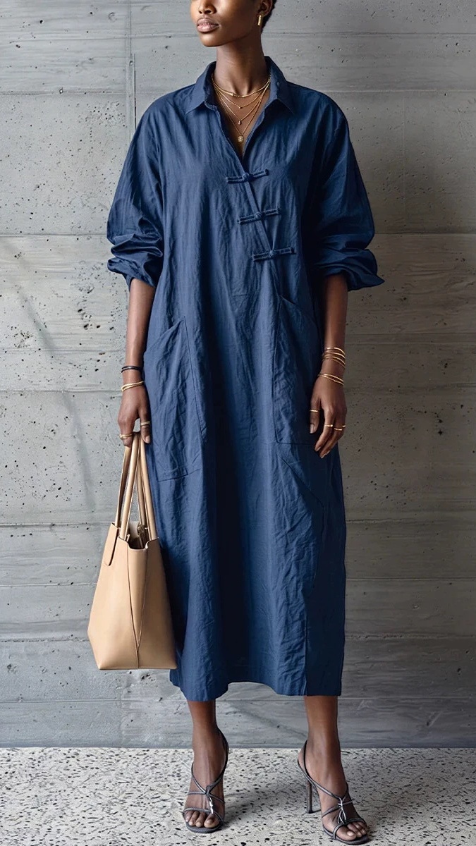 Women's cotton linen collared button-down shirt dress - Nordfashionstorm - Women's Clothing, Fashion for You - Nordfashionstorm.com