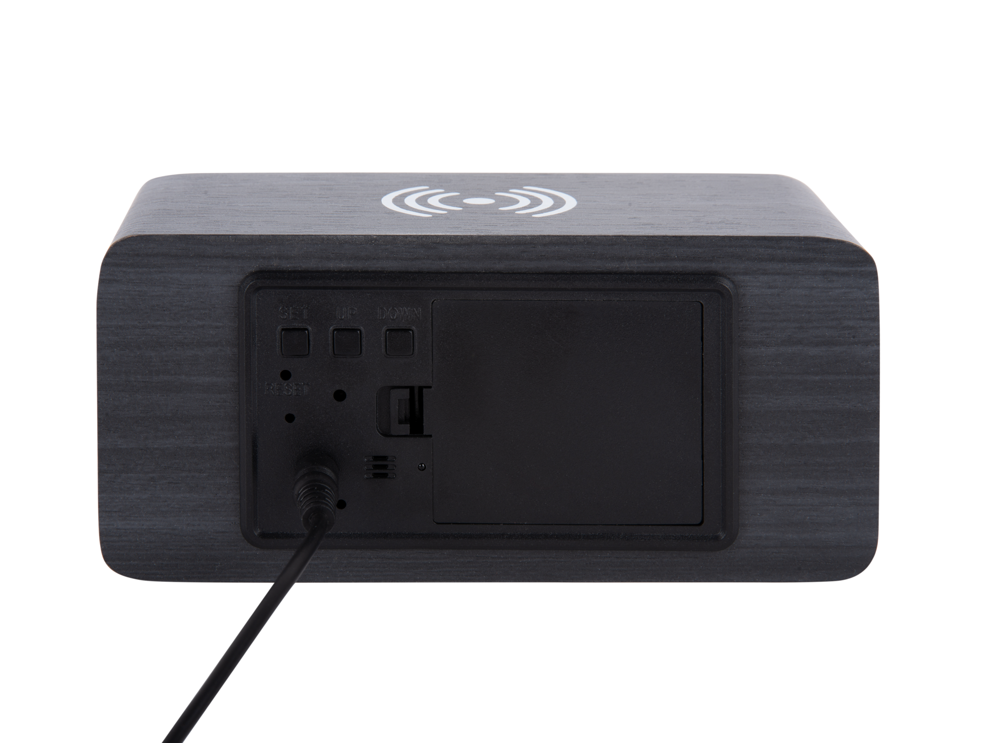 Alarm clock Block w. phone charger LED black veneer, white LED