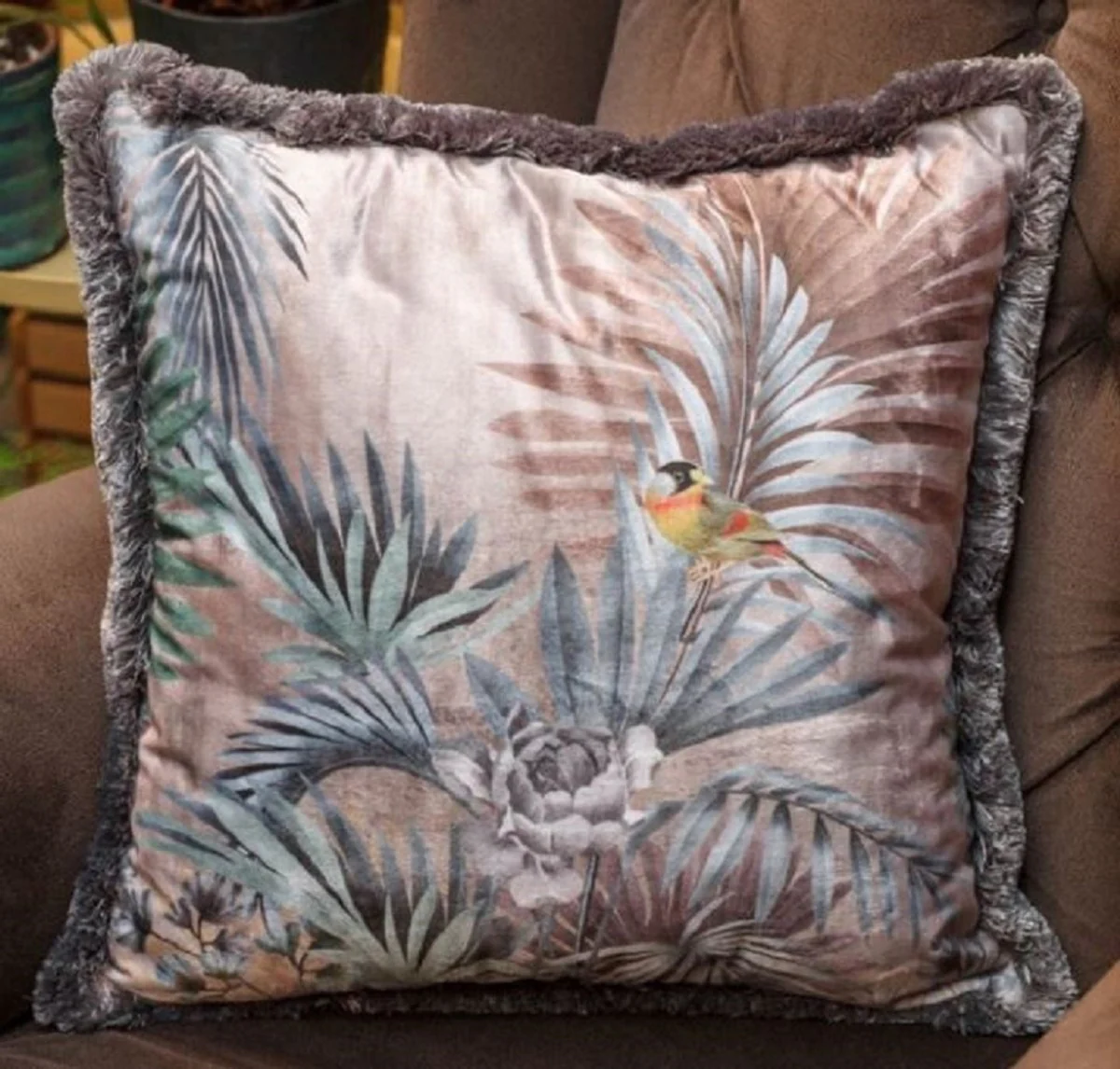 Luxury decorative cushion plants & birds multicolored 45 x 45 cm - printed velvet cushion with fringes - luxury collection