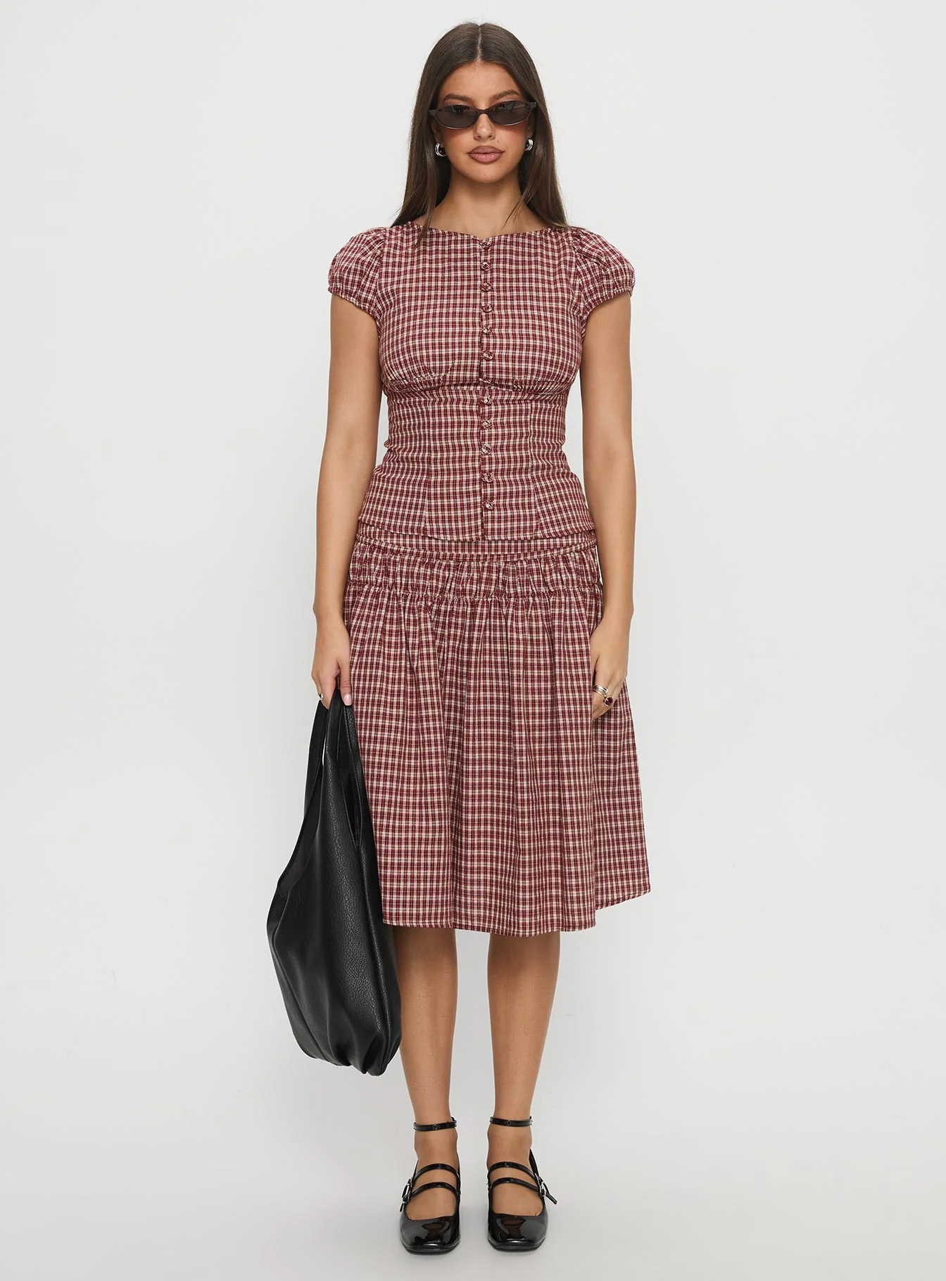 Alixandra Ruched Midi Skirt Red Check