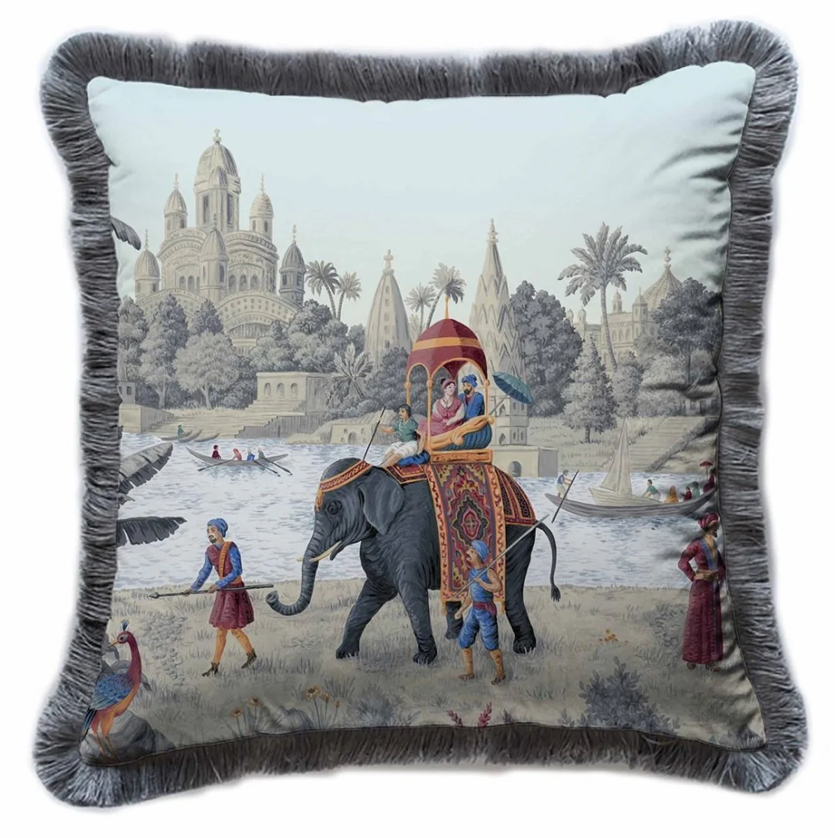 Luxury decorative cushion palace multicolored / gray 45 x 45 cm - printed velvet cushion with fringes - luxury decorative accessories
