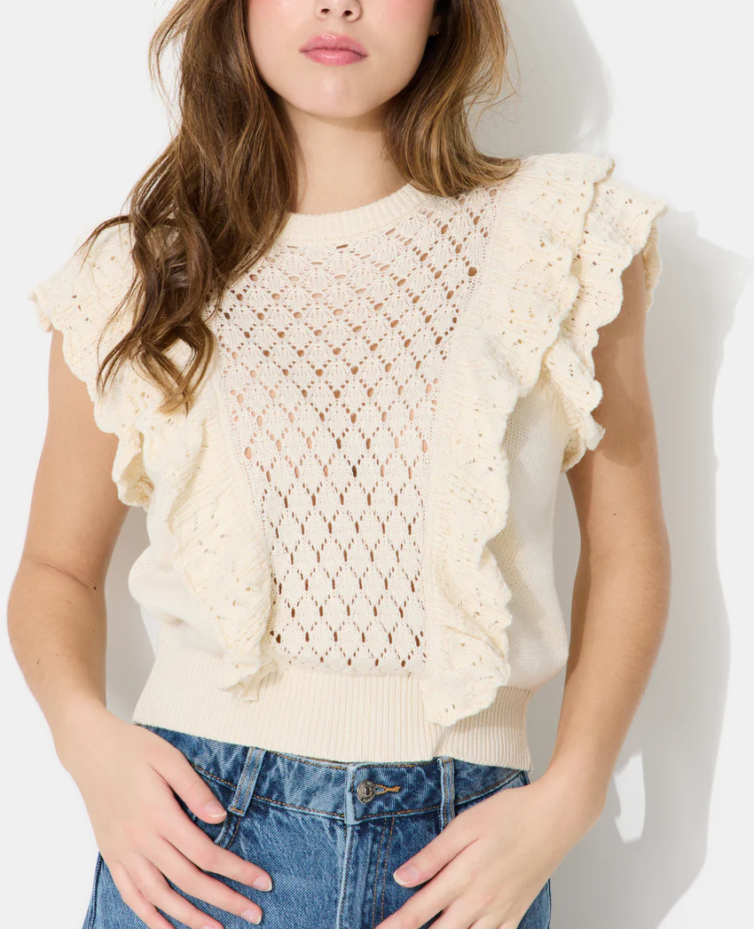 Pimkie Pull manches courtes en maille ajourée avec volants