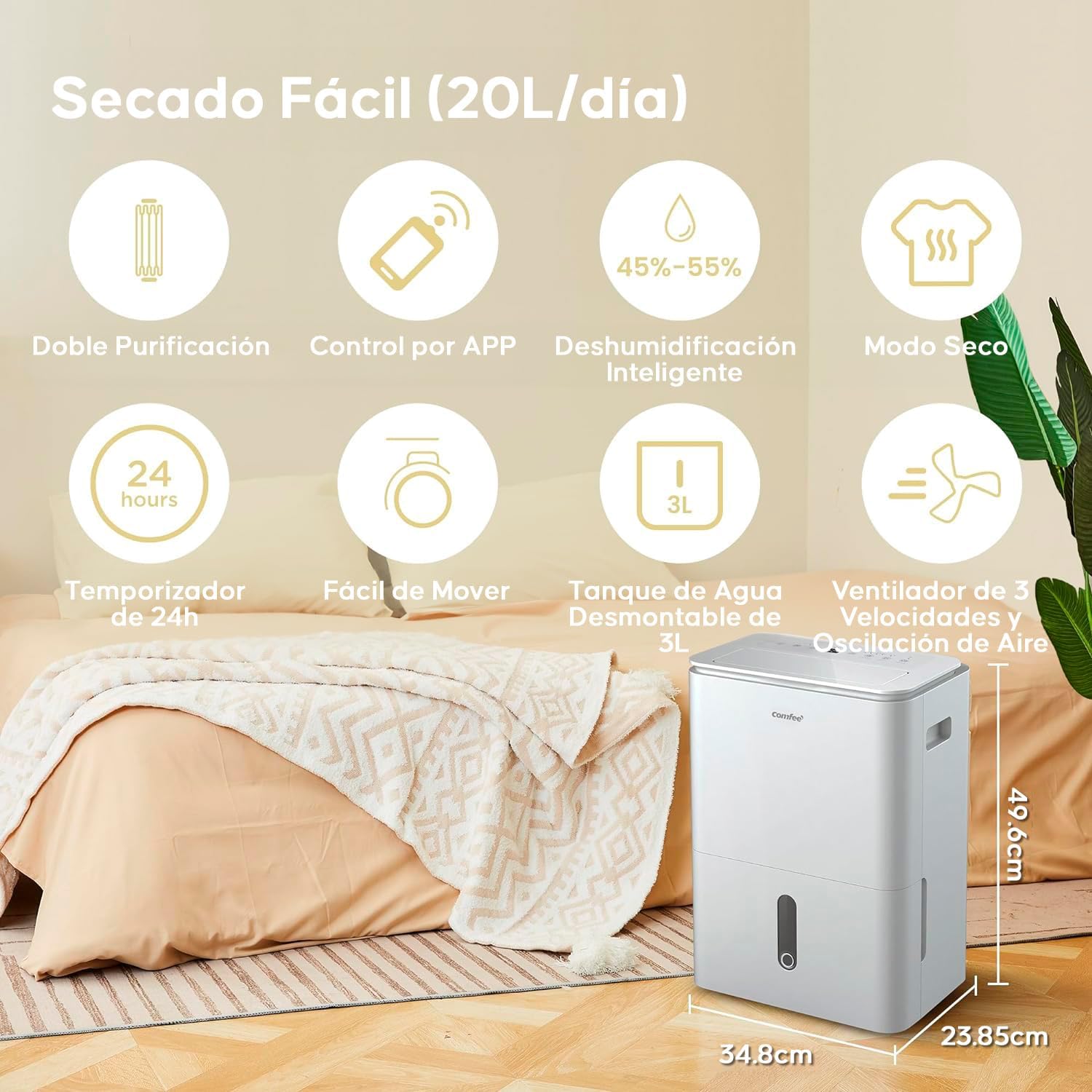 Deumidificatore 2-EN-1, elimina l'umidità fino a 20L/Giorno, purificazione 'aria con ionizzatore, 4 modalità, funzione aria swing, controllo APP, ideale per stanze da 37-52㎡, Easy Dry 20