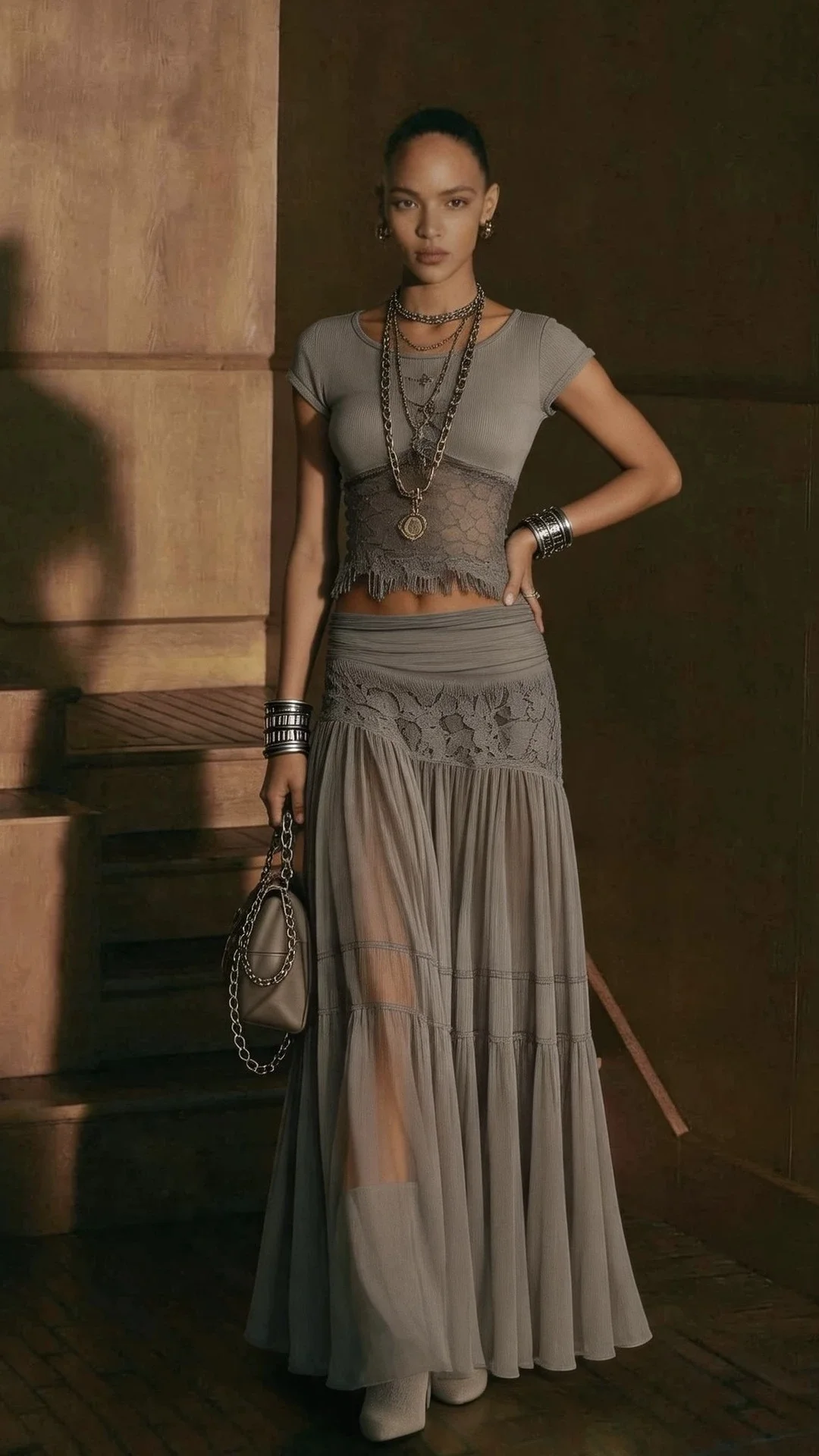 Women's Gray Knit Top & Flowy Chiffon Maxi Dress 2-Piece Outfit Set - Nordfashionstorm - Women's Clothing, Fashion for You - Nordfashionstorm.com