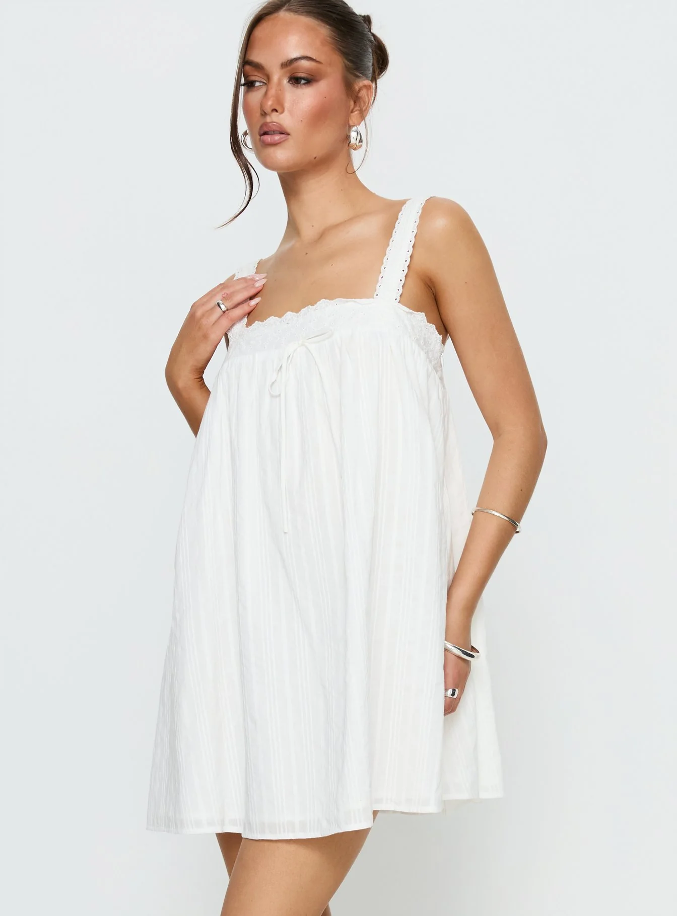 Reason To Stay Lace Trim Floaty Mini Dress White