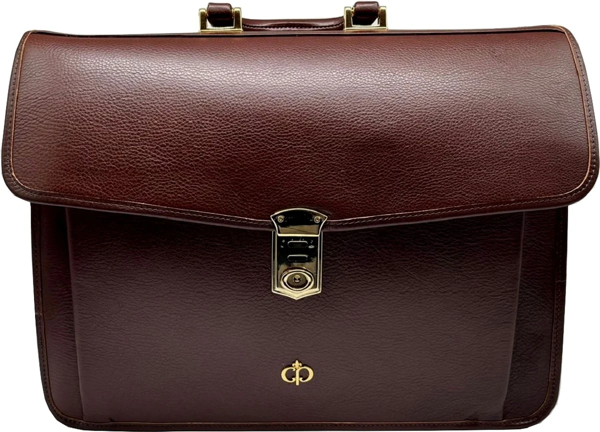 Luxury genuine leather men's briefcase dark brown / gold 42 cm - Made in Italy