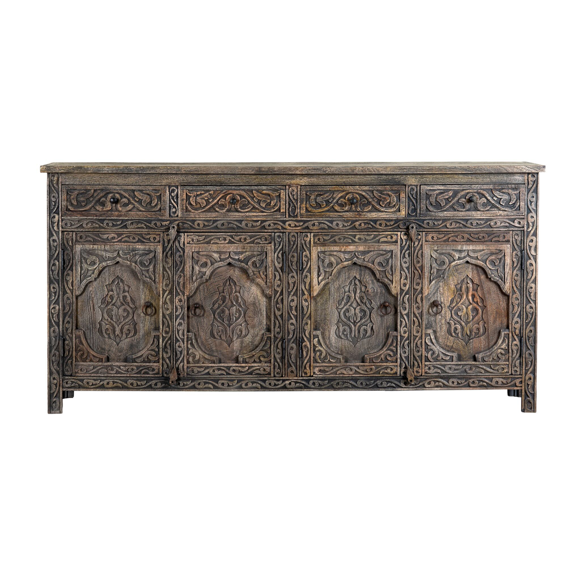Aavya - Handgesneden Mangohouten Dressoir Vintage