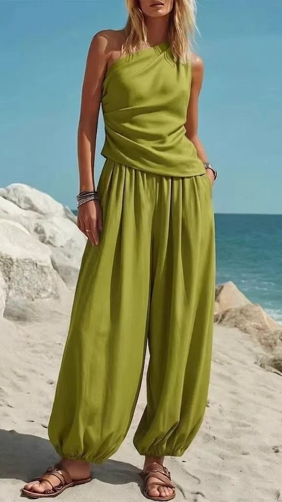 Women's Sleeveless Vest and Loose High-Waisted Trousers Two-Piece Set - Nordfashionstorm - Women's Clothing, Fashion for You - Nordfashionstorm.com