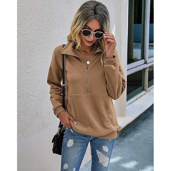 PrettyGarden Women's Casual Long Sleeve Lapel Zipper Sweatshirt Drawstring Loose Pullover Tops Fall Sweater-Womenswear Cotton Fabric