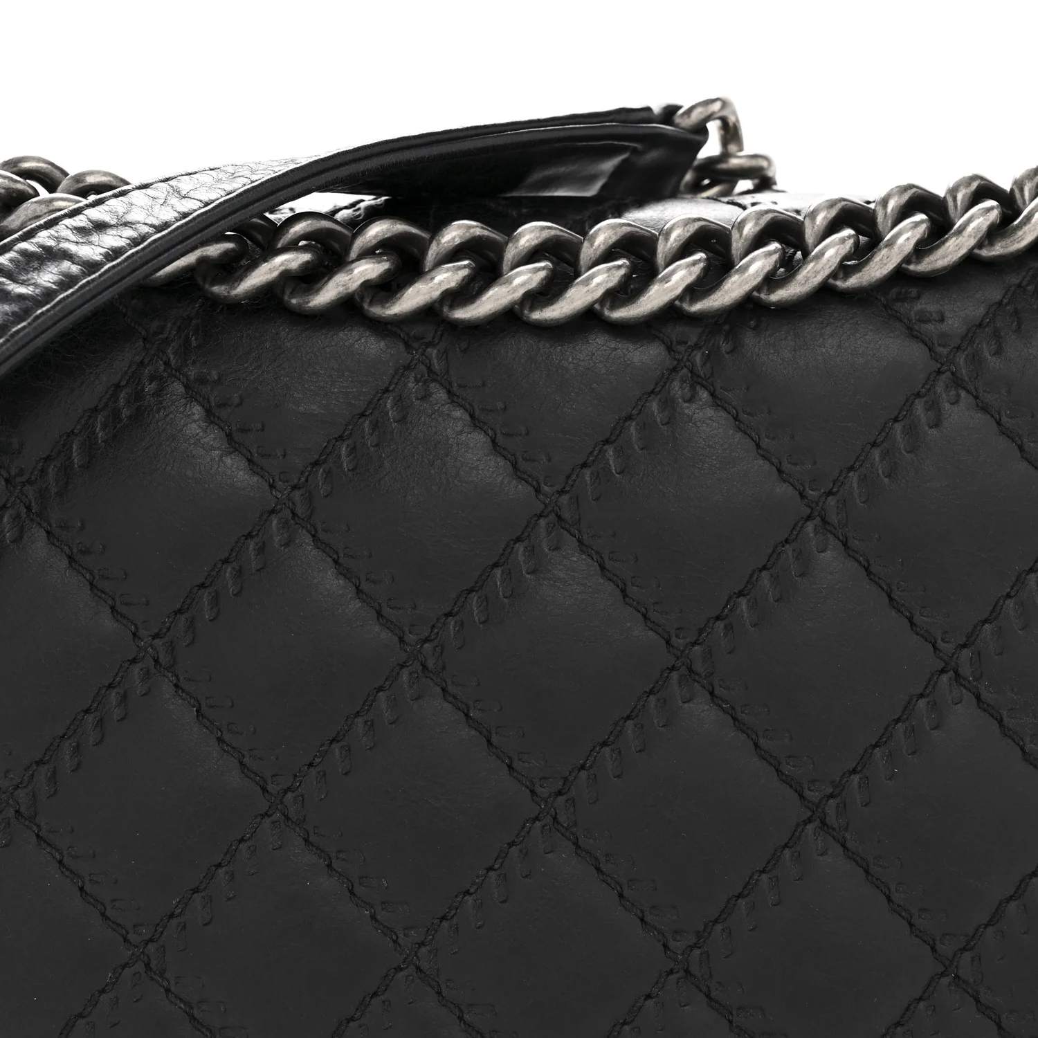 Calfskin Embossed Stitch Large Boy Flap Black - Top Club