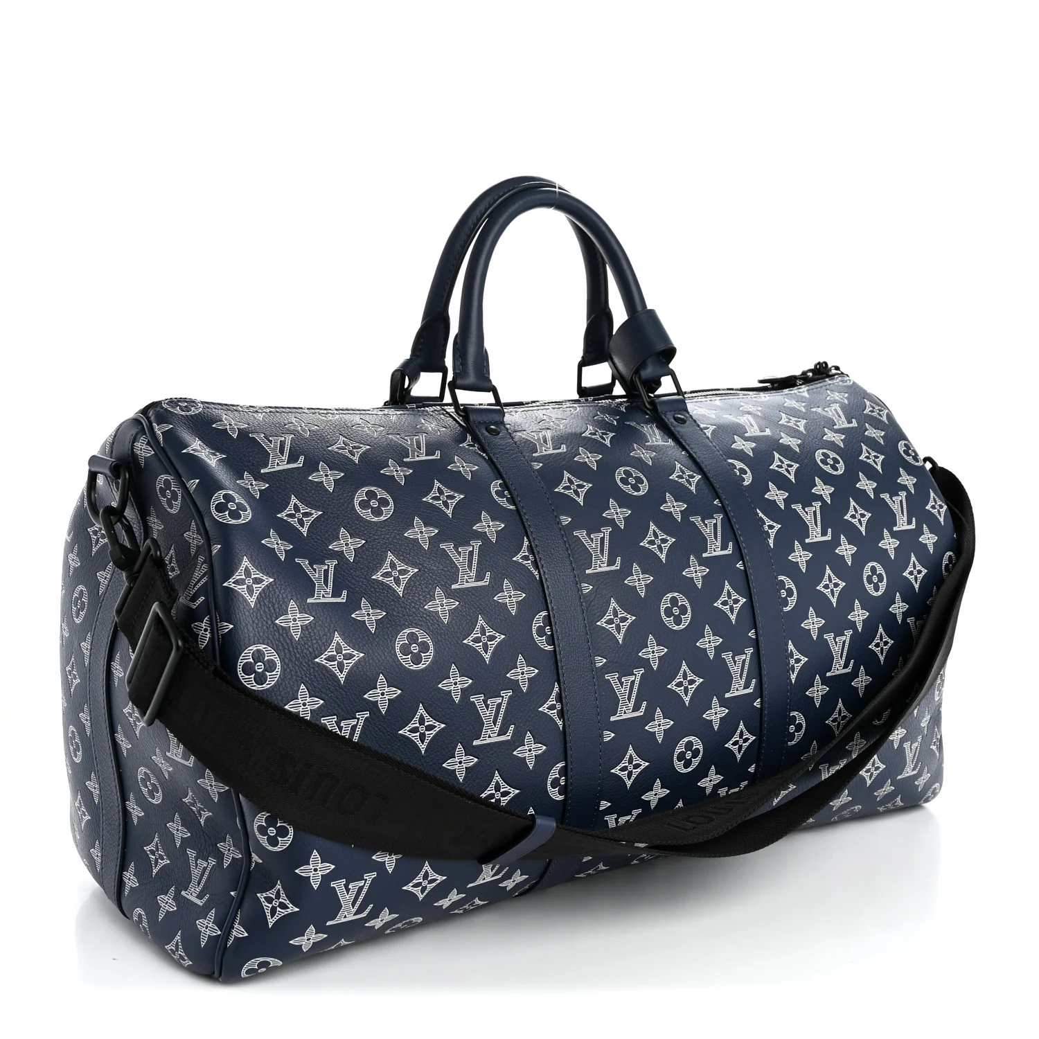 Calfskin Shadow Monogram Keepall Bandouliere 50 Ink Blue White