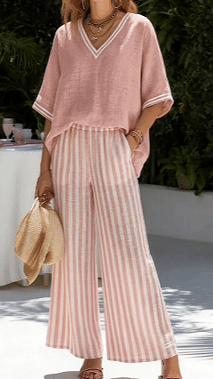 Solid-Color Top & Striped Wide-Leg Pants Set — Loose-Fit, Slimming, and Breathable - Nordfashionstorm - Women's Clothing, Fashion for You - Nordfashionstorm.com