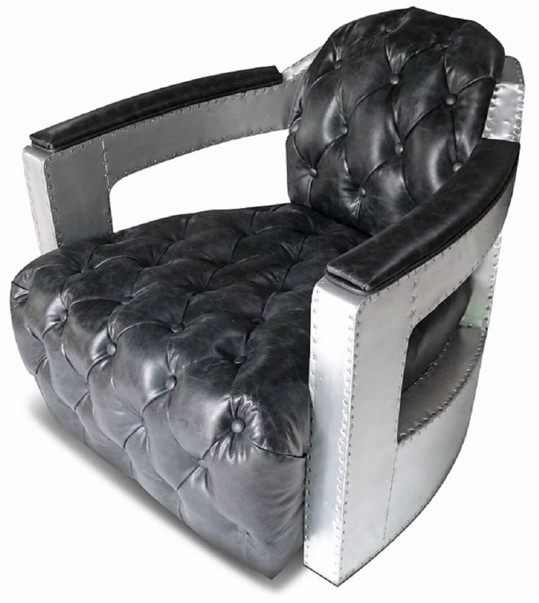 Chesterfield genuine leather armchair vintage black / silver 73 x 90 x H. 70 cm - living room leather armchair - club armchair - lounge armchair - art deco armchair - aluminum aircraft aviator furniture