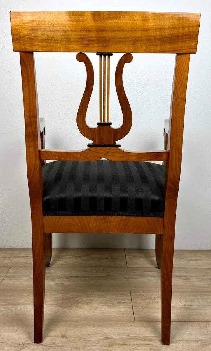 Luxury Biedermeier dining room chair with armrests and stripes brown / black 58 x H. 90 cm - Solid wood kitchen chair - Solid wood dining room furniture - Biedermeier dining room furniture