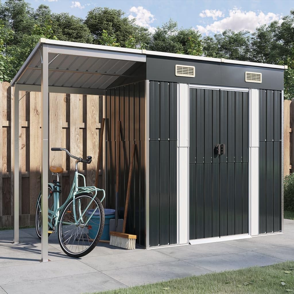 Gecheer Capanno da Giardino per Esterno Con Porte Scorrevoli e Tetto Allungato in Acciaio, Antracite, 277x110,5x181 cm, Casetta Attrezzi