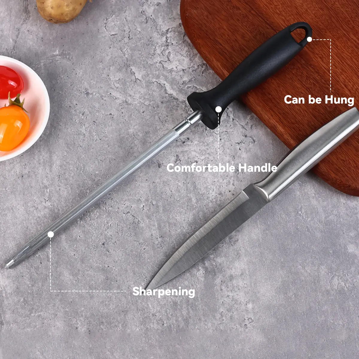 Knife Sharpener Rod Kitchen Knives Sharpener Professional Knife Sharpening Steel Honing Rod with Hanging Holes (13 inches) Black