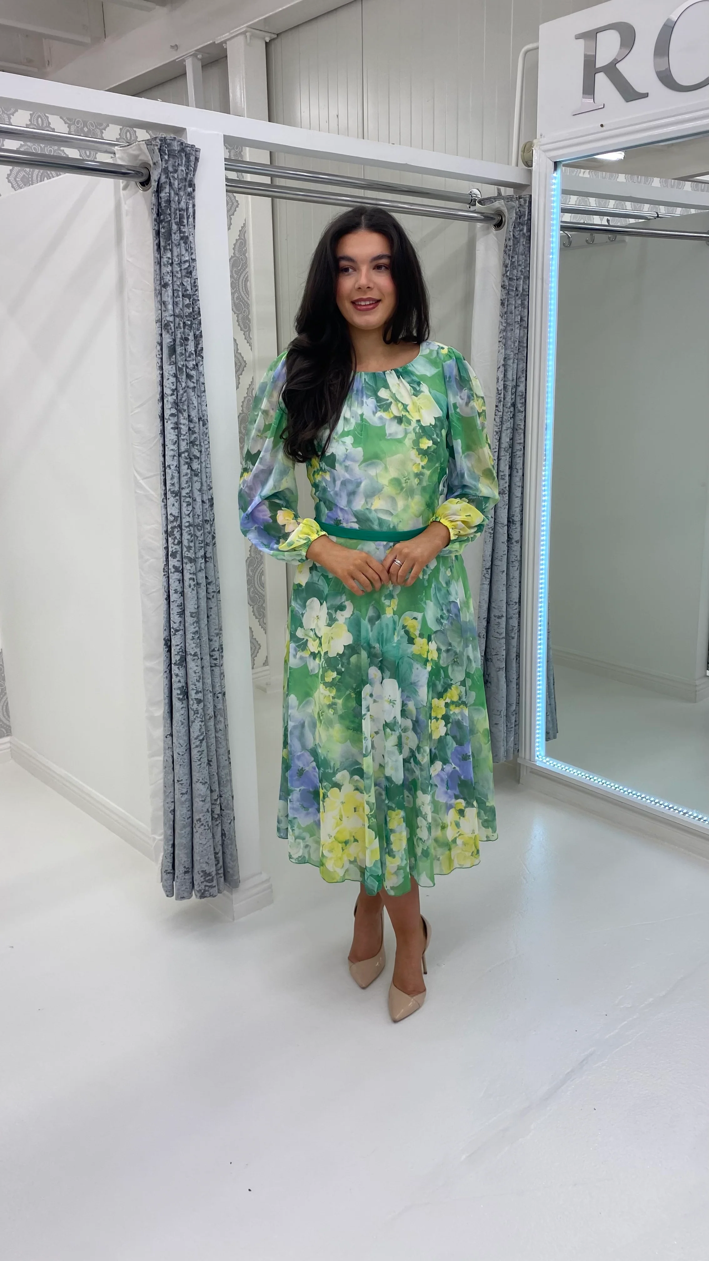 Green & Yellow Long Sleeve Floral A-Line Midi Dress