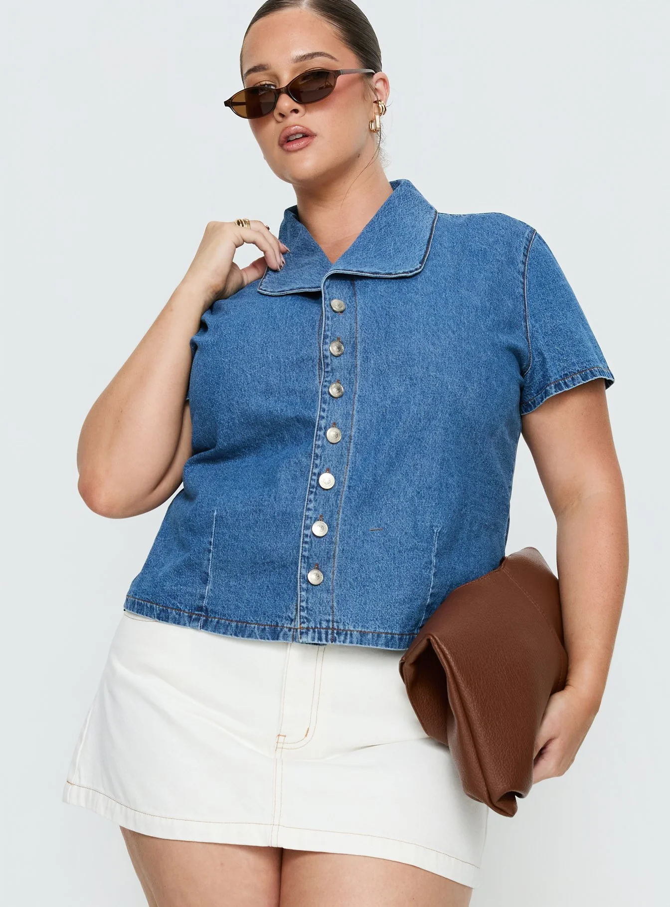 Ellix Button Up Top Blue Denim Curve