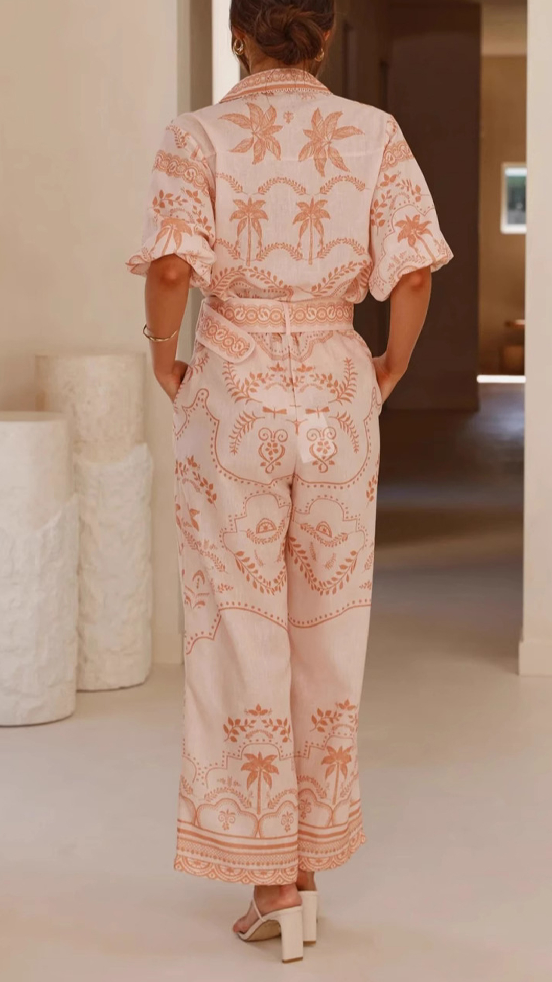 Women's Cotton‑blend Light Apricot Botanical Print Collared Puff Sleeve Top & Wide‑Leg Pants Set - Nordfashionstorm - Women's Clothing, Fashion for You - Nordfashionstorm.com