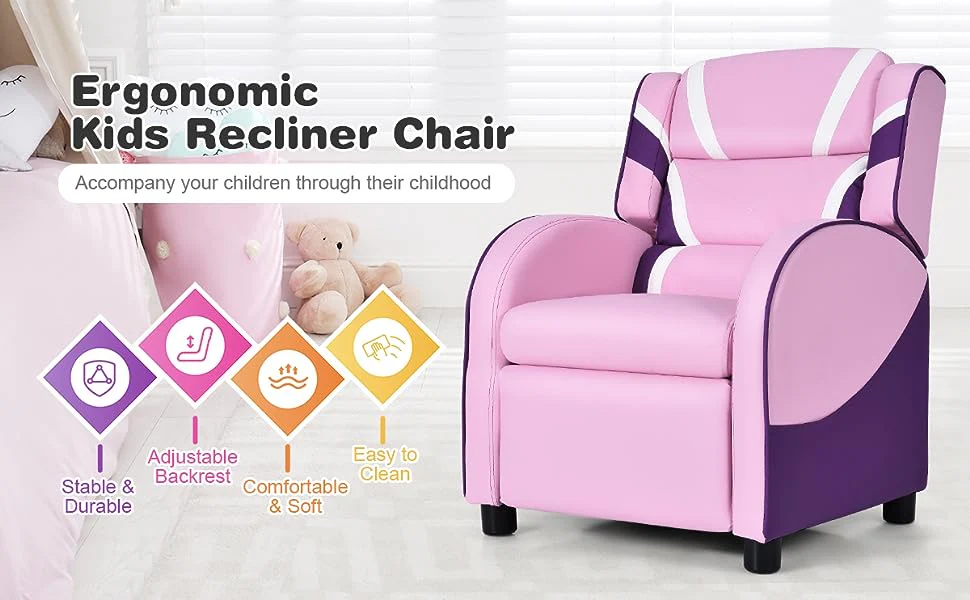 Eletriclife Kids Recliner Chair Adjustable PU Leather Gaming Sofa with Footrest, Lumbar Support & Side Pockets