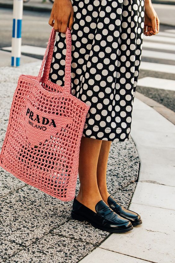 Prada Women's Natural Crochet Tote Bag-Pink - Top Club