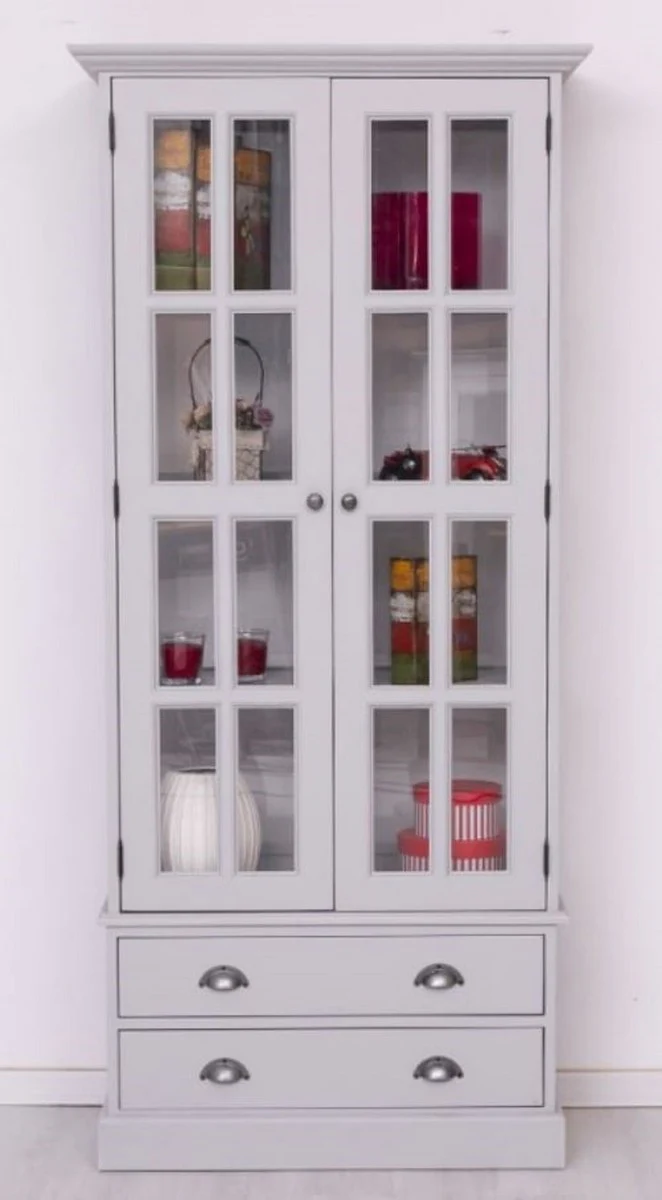 Country house style display cabinet light gray 91 x 47 x H. 200 cm - Solid wood display cabinet with 2 doors and 2 drawers - Country house style furniture - Solid wood furniture - Dining room furniture