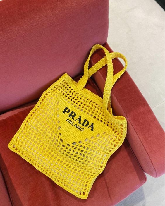Prada Women's Natural Crochet Tote Bag-Yellow - Top Club