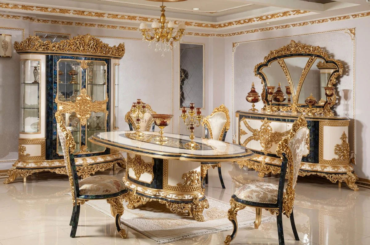 Luxury baroque dining table white / blue / gold - magnificent solid wood dining room table in baroque style - baroque dining room furniture - noble & magnificent