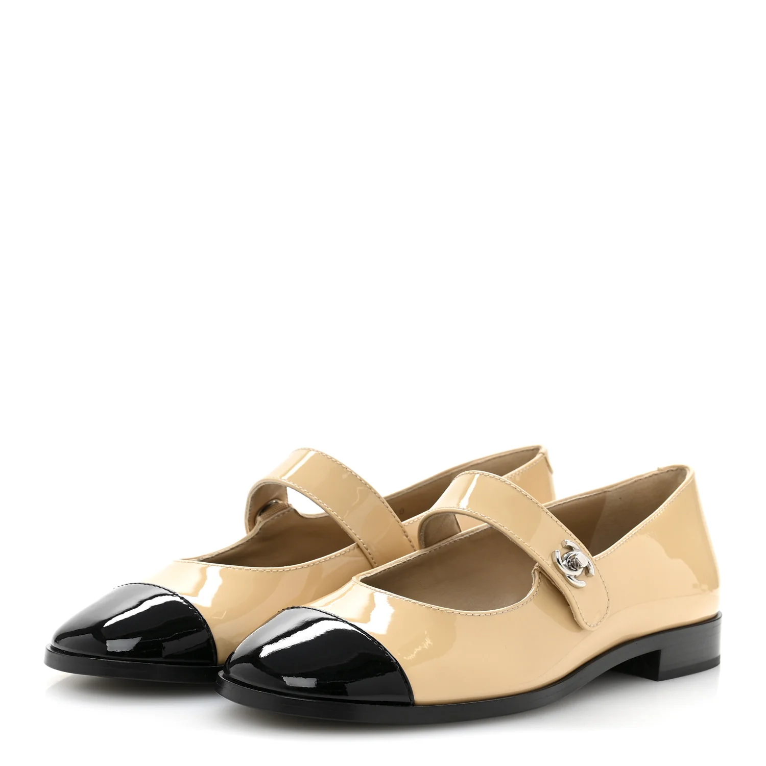 Patent Calfskin Mary Janes Flats 37 Beige Black - Top Club