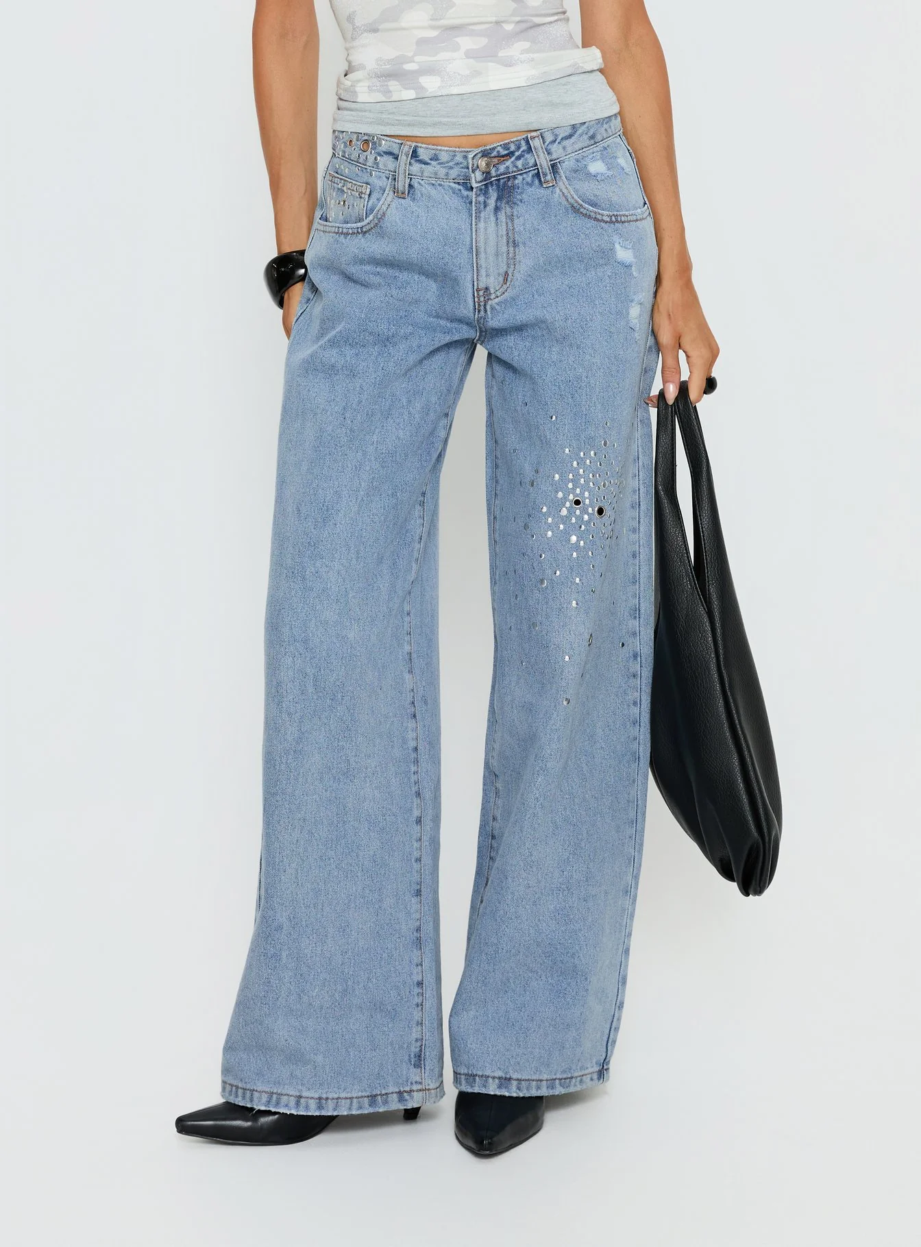 Candi Mid Rise Wide Leg Studded Jeans Light Blue Wash