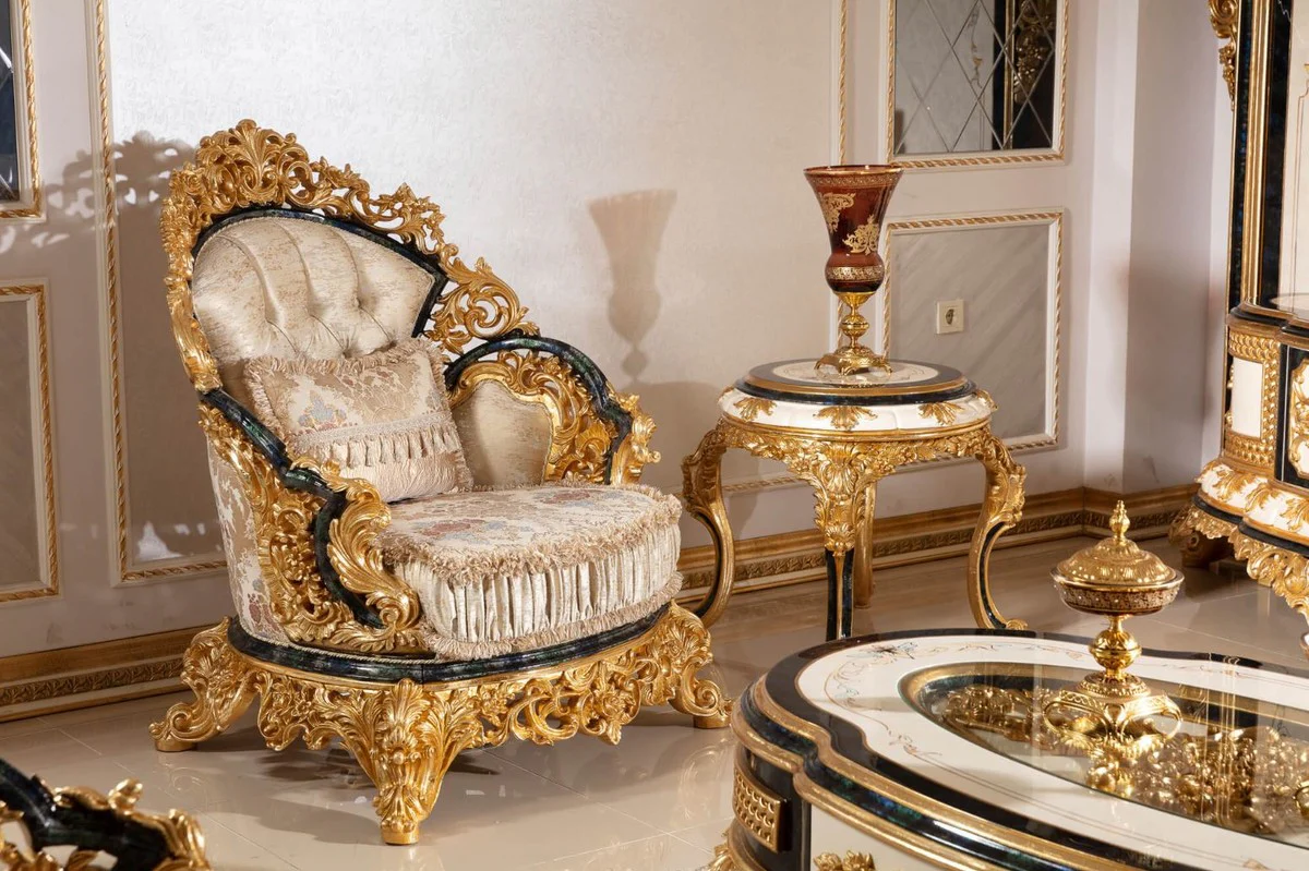 Luxury Baroque Living Room Set Gold / White / Blue / Gold - 2 Sofas & 2 Armchairs & 1 Coffee Table & 2 Side Tables - Handcrafted Living Room Furniture in Baroque Style - Noble & Magnificent