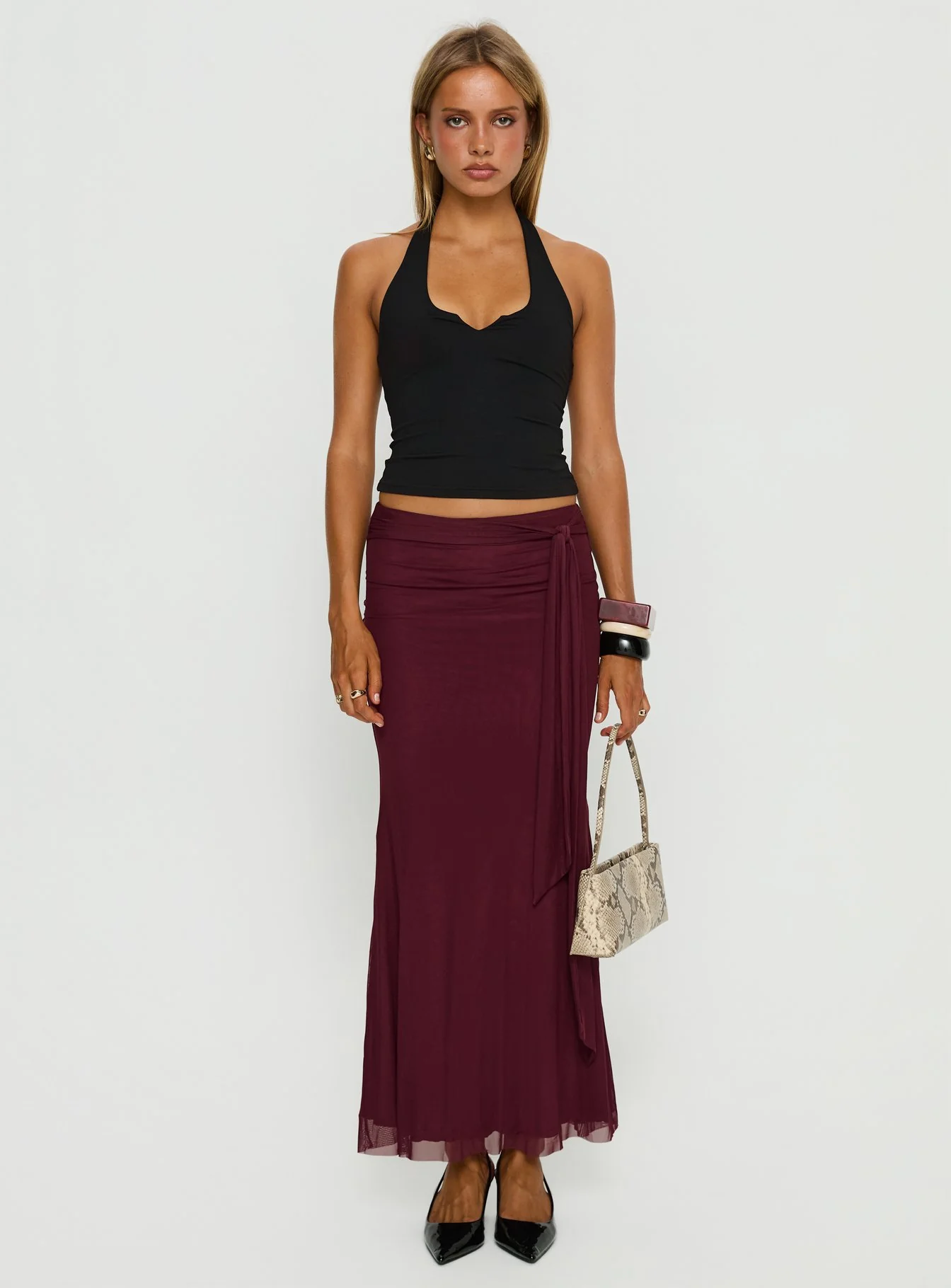 Caviar Tie Maxi Skirt Currant