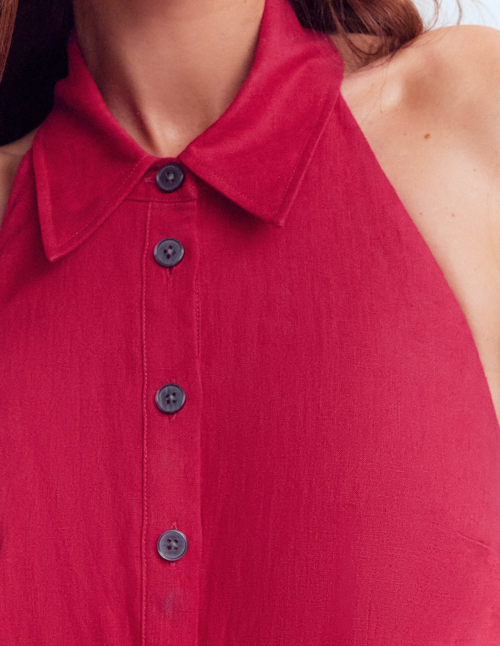 Neckholder-Leinenkleid mit Kragen-Granatapfel