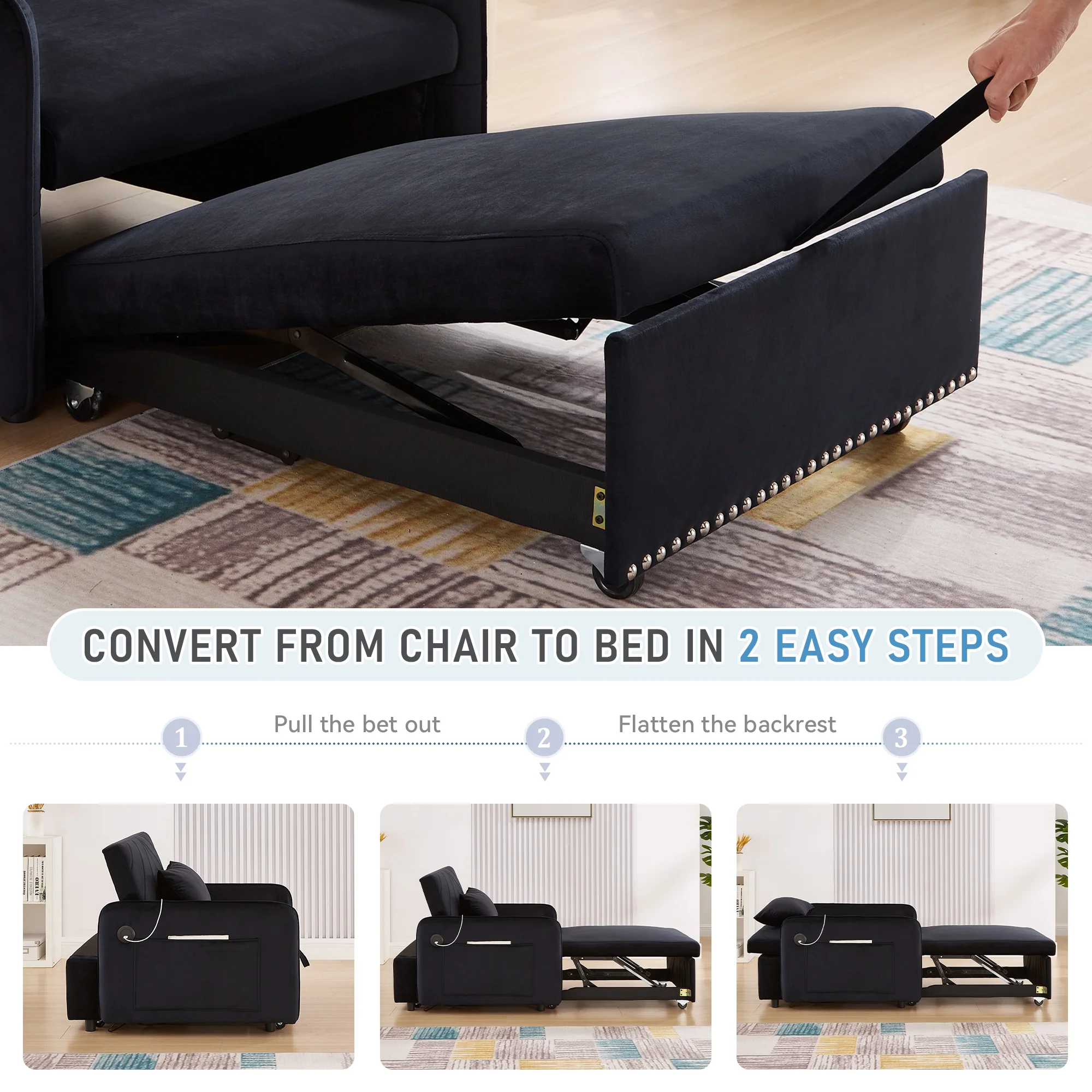 Lunale 3 - in - 1 Convertible Sleeper Chair Bed, Indoor Lounge Chair with USB/Type - C Charging Ports, Modern Recliner Sofa for Living Room, Gray Velvet