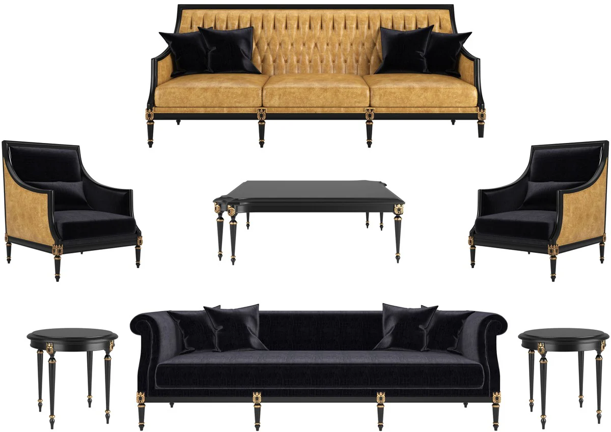 Luxury Baroque Living Room Set Gold / Black / Antique Gold - 2 Sofas & 2 Armchairs & 1 Coffee Table & 2 Side Tables - Living Room Furniture in Baroque Style - Noble Baroque Furniture
