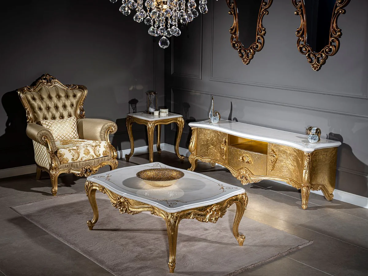 Luxury baroque coffee table white / beige / gold 120 x 85 x H. 49 cm - Elegant solid wood living room table in baroque style - Magnificent baroque furniture